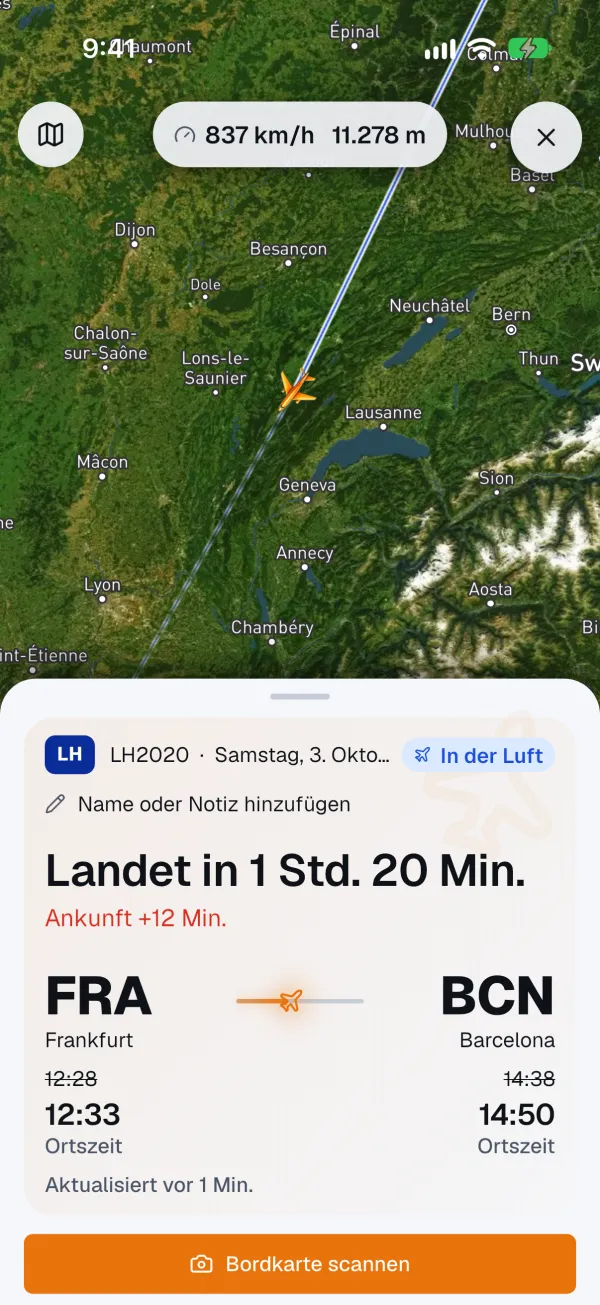App-Bildschirm: Detailansicht von LH2020 mit geplanten und tatsächlichen Zeiten.