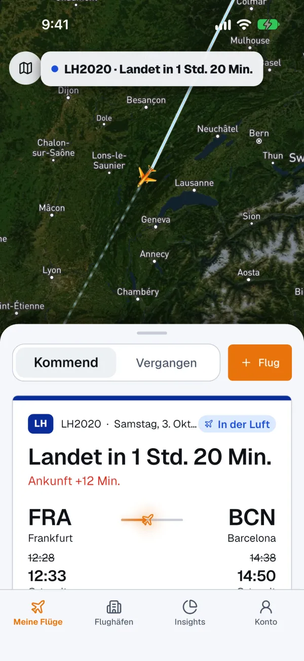 App-Bildschirm: Live-Karte, darunter LH2020 mit „Landet in 1 Std. 20 Min.“